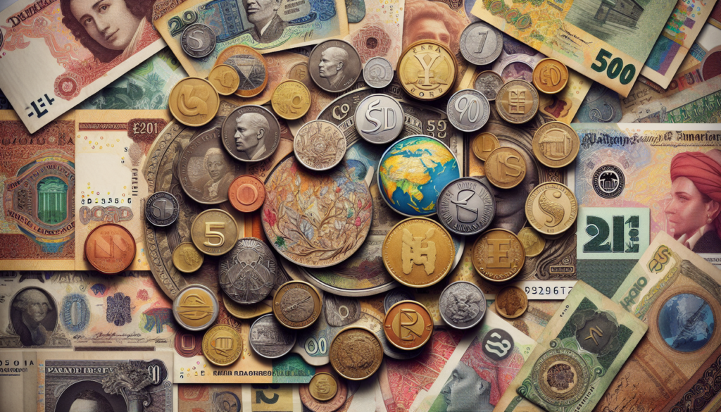 Afficher : "Collage de monnaies en P : sol péruvien, zloty polonais, peso philippin, rupee pakistanais, kina papouasien."