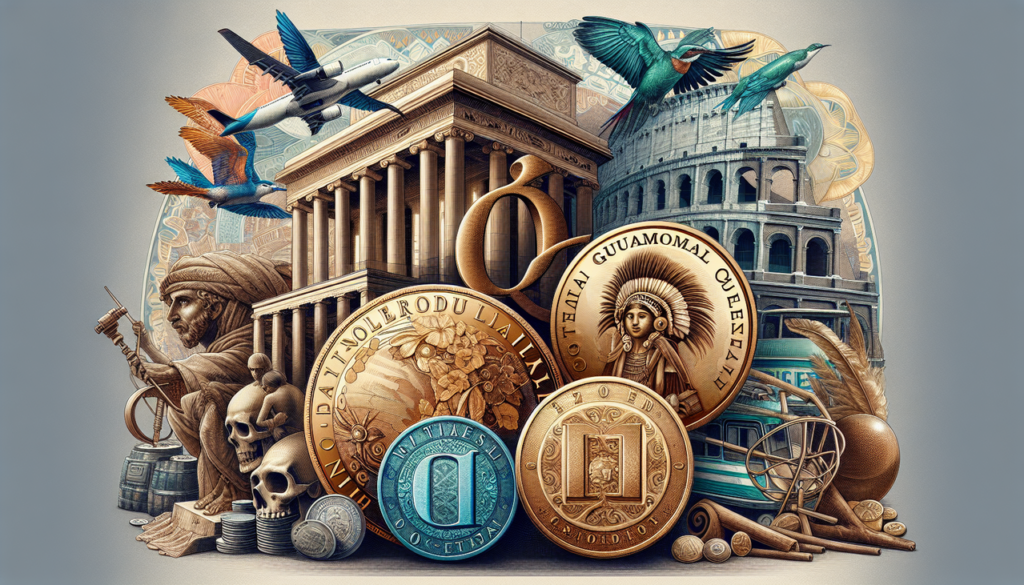 Illustration détaillée et réaliste de diverses monnaies mondiales commençant par Q.