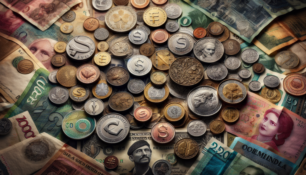 Collection de monnaies commencant par S: franc suisse, couronne suédoise, dollar singapourien, shilling somalien, avec symboles nationaux et monuments en arrière-plan.